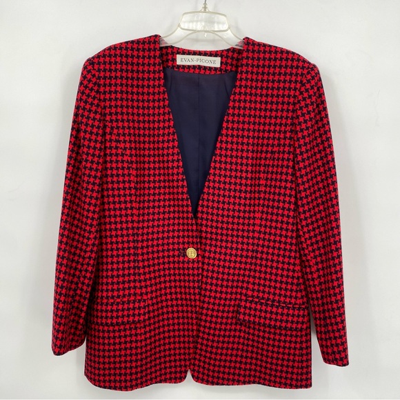 Evan Picone Vintage 1990’s Women’s Red Navy Houndstooth Wool Blazer Size 14 - Picture 1 of 12